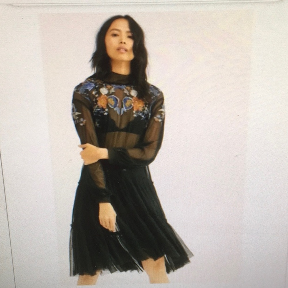 FP/BLACK-“SHEER DELIGHT”HIGH NECK EMBROIDERED SEQUIN MIDI DRESS